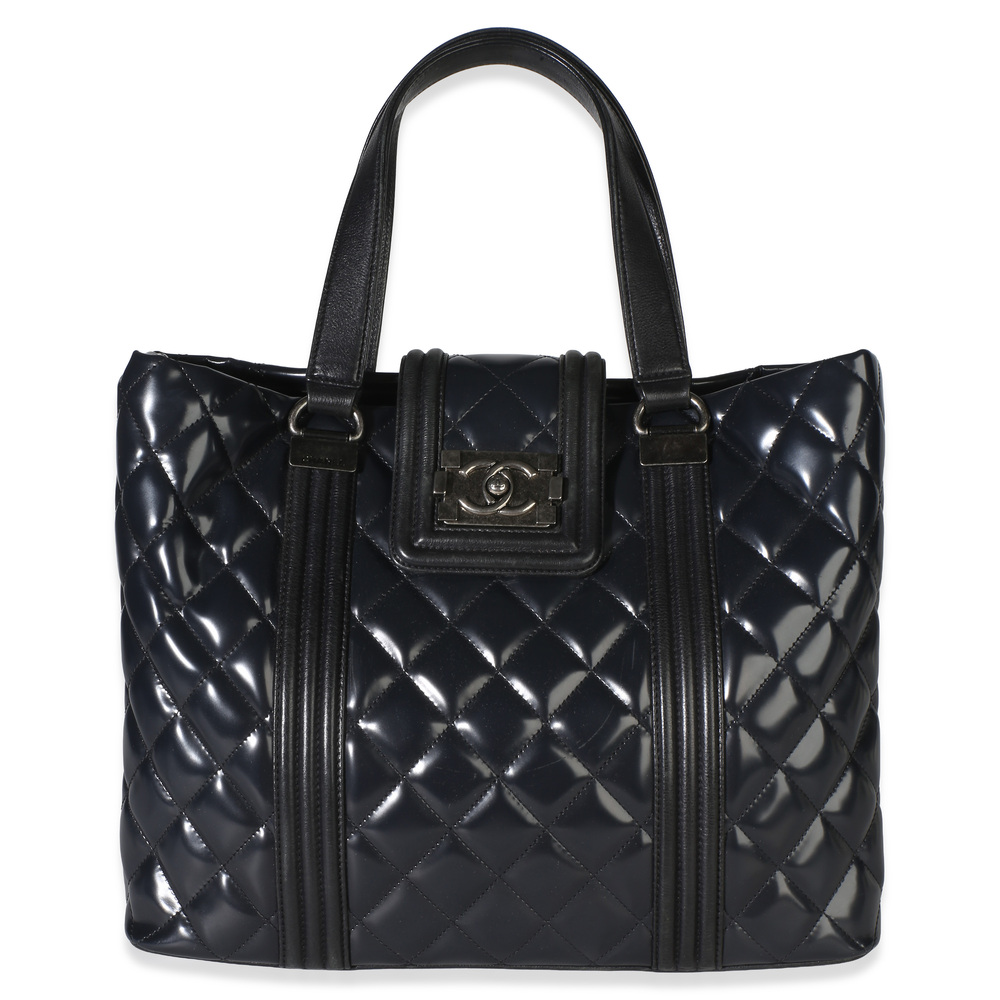 Chanel Navy Quilted Patent Boy Shopping Tote